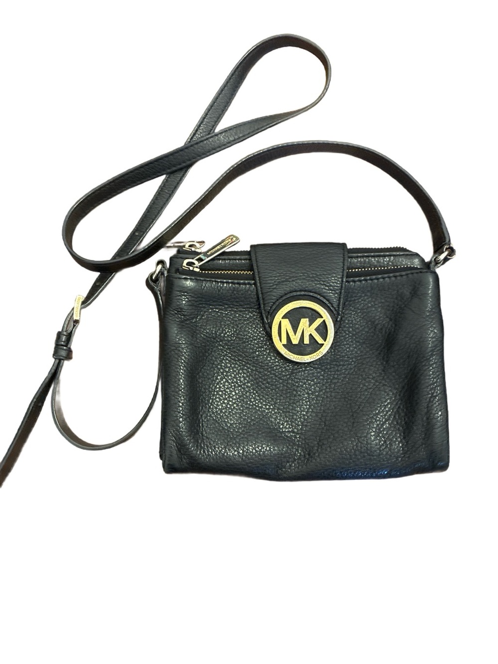Michael Kors Fulton Crossbody in Pebbled Black Leather with Gold Hardware